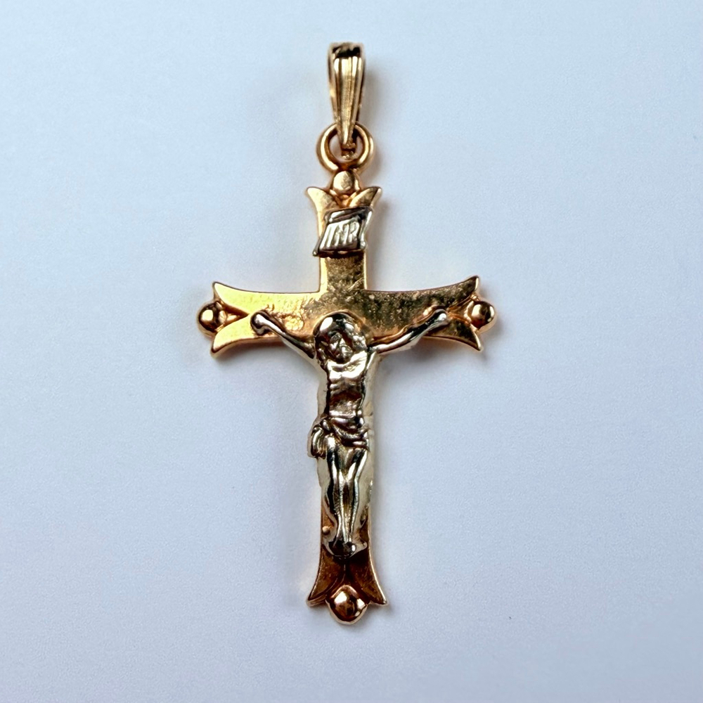 14K Solid 2 Tone Gold Crucifix Jesus Religious Cross ESEMCO VTG Pendant Necklace